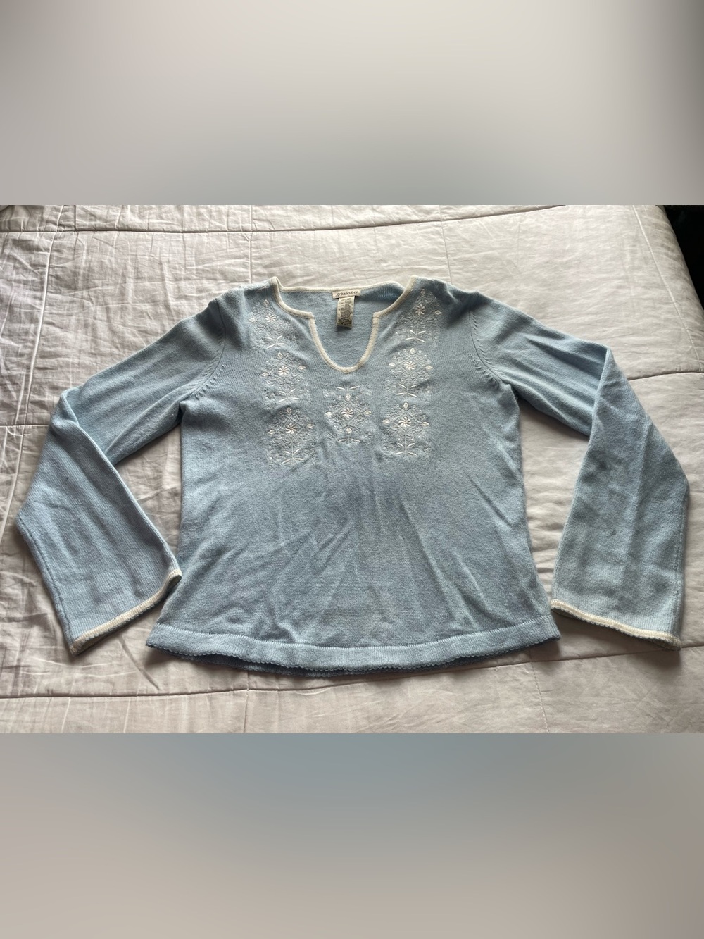 Vintage St Johns Bay Baby Blue White Trim Embroidered Sweater Medium Coastal 90s